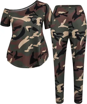 Women's Plus Size 2 Piece Outfits Camo Off Shoulder Short Sleeve Tee and Leggings Tapered Pants Set