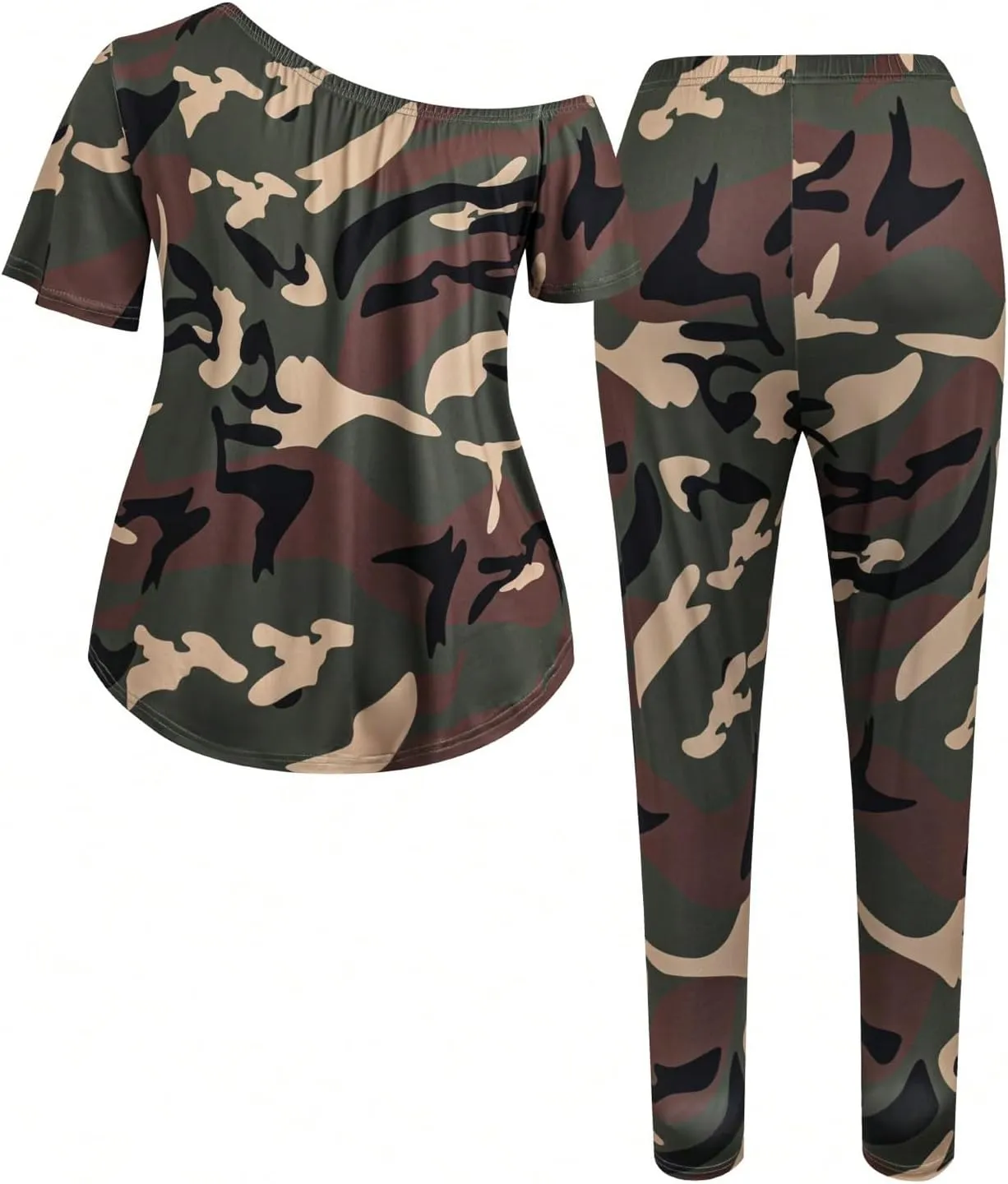 Women's Plus Size 2 Piece Outfits Camo Off Shoulder Short Sleeve Tee and Leggings Tapered Pants Set