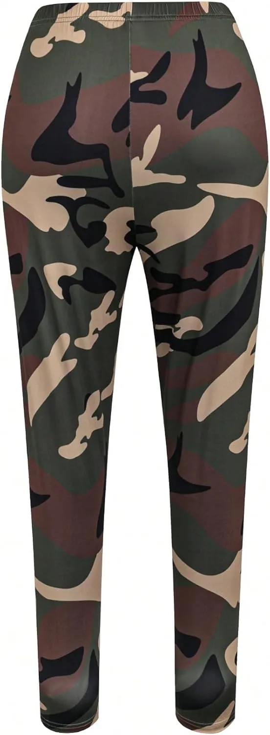 Women's Plus Size 2 Piece Outfits Camo Off Shoulder Short Sleeve Tee and Leggings Tapered Pants Set
