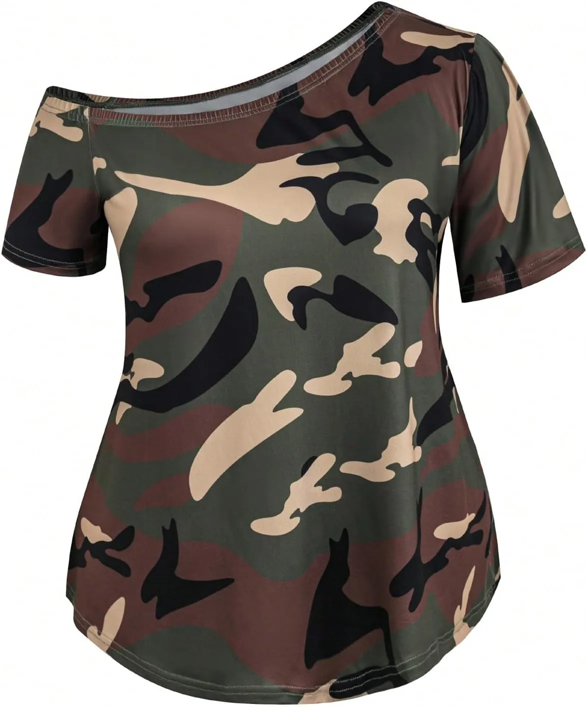 Women's Plus Size 2 Piece Outfits Camo Off Shoulder Short Sleeve Tee and Leggings Tapered Pants Set