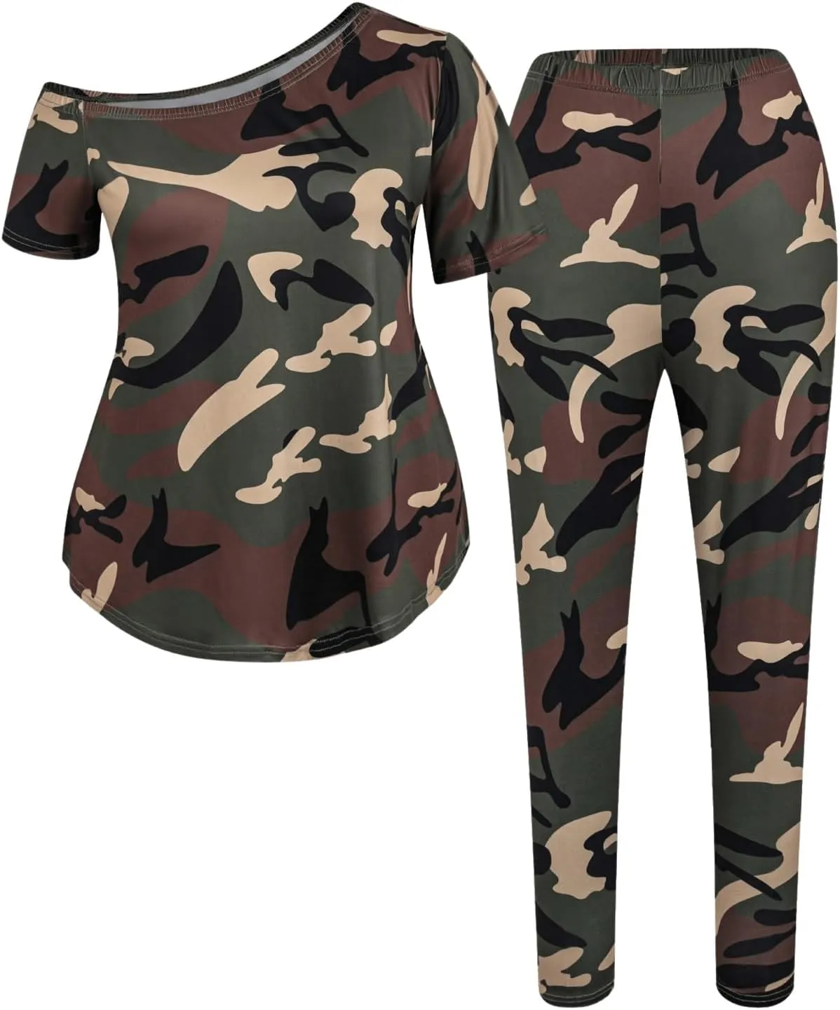 Women's Plus Size 2 Piece Outfits Camo Off Shoulder Short Sleeve Tee and Leggings Tapered Pants Set