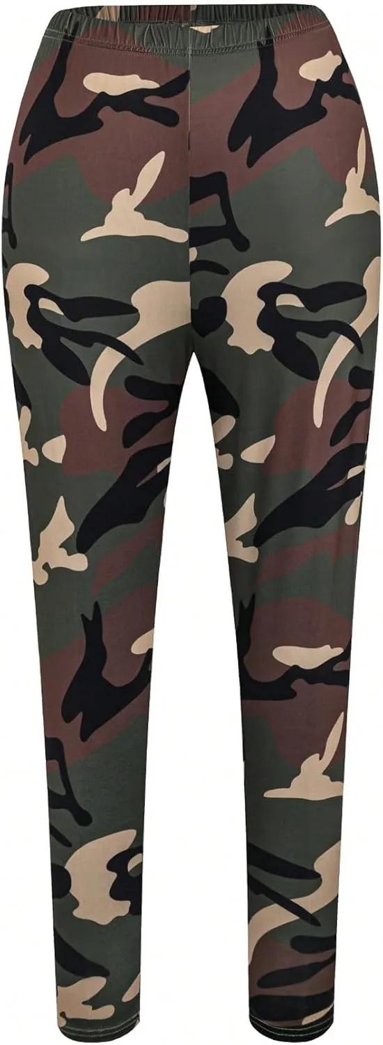 Women's Plus Size 2 Piece Outfits Camo Off Shoulder Short Sleeve Tee and Leggings Tapered Pants Set