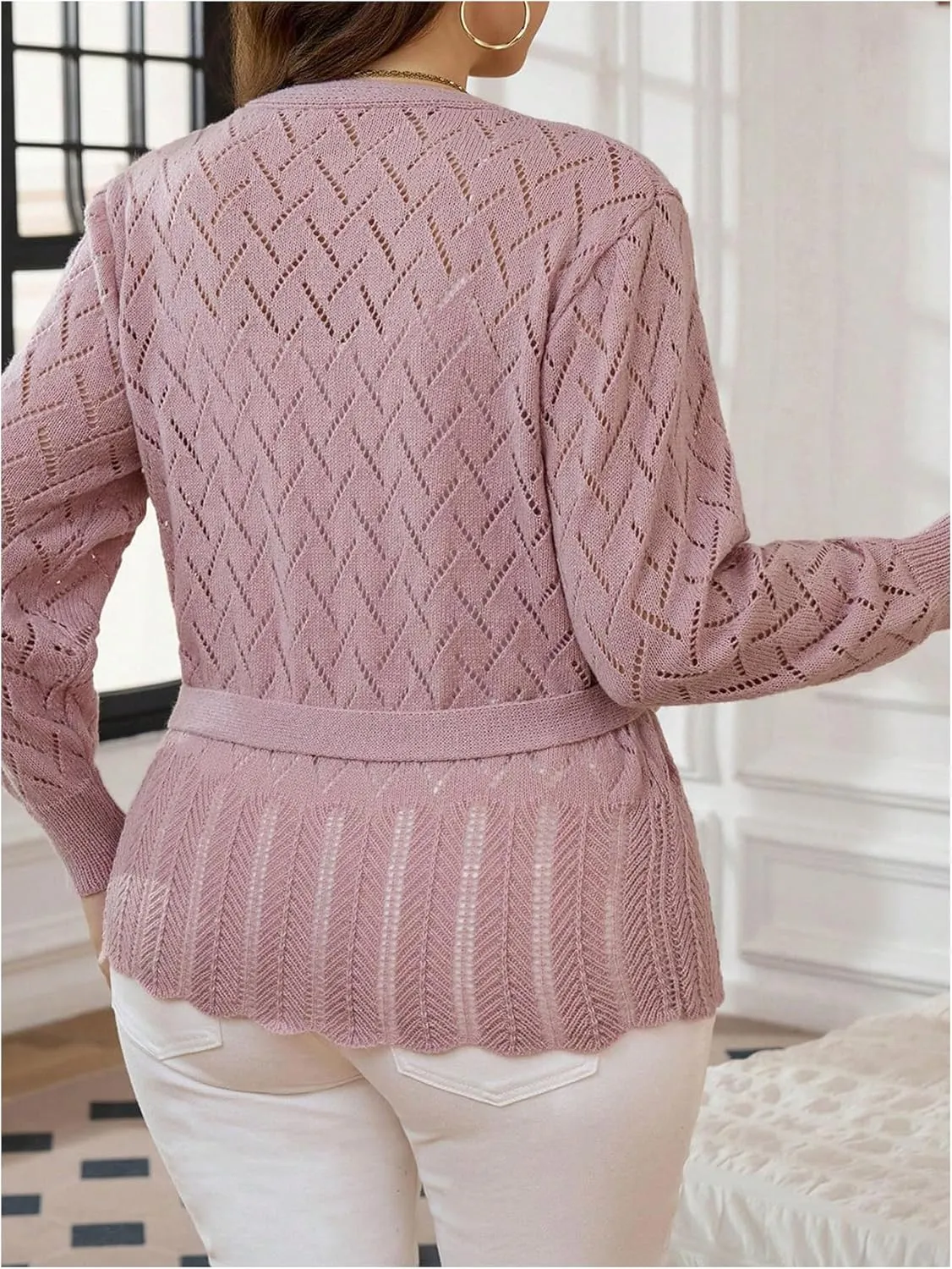 Women's Plus Size Hallow Out Cardigan Sweater Bow Tie Front Cardigans Long Sleeve V Neck Lightweight Sweater