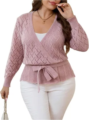 Women's Plus Size Hallow Out Cardigan Sweater Bow Tie Front Cardigans Long Sleeve V Neck Lightweight Sweater