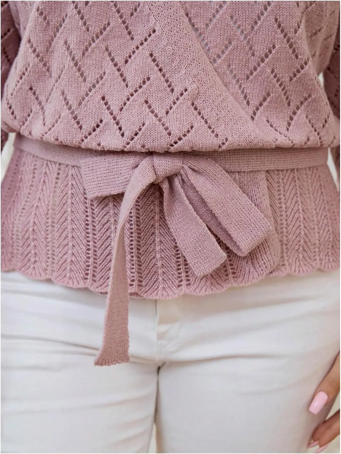Women's Plus Size Hallow Out Cardigan Sweater Bow Tie Front Cardigans Long Sleeve V Neck Lightweight Sweater