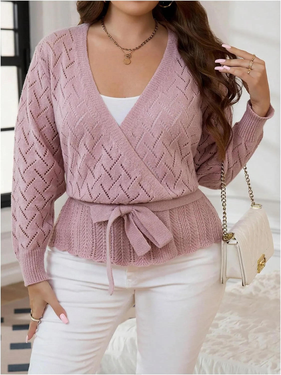 Women's Plus Size Hallow Out Cardigan Sweater Bow Tie Front Cardigans Long Sleeve V Neck Lightweight Sweater