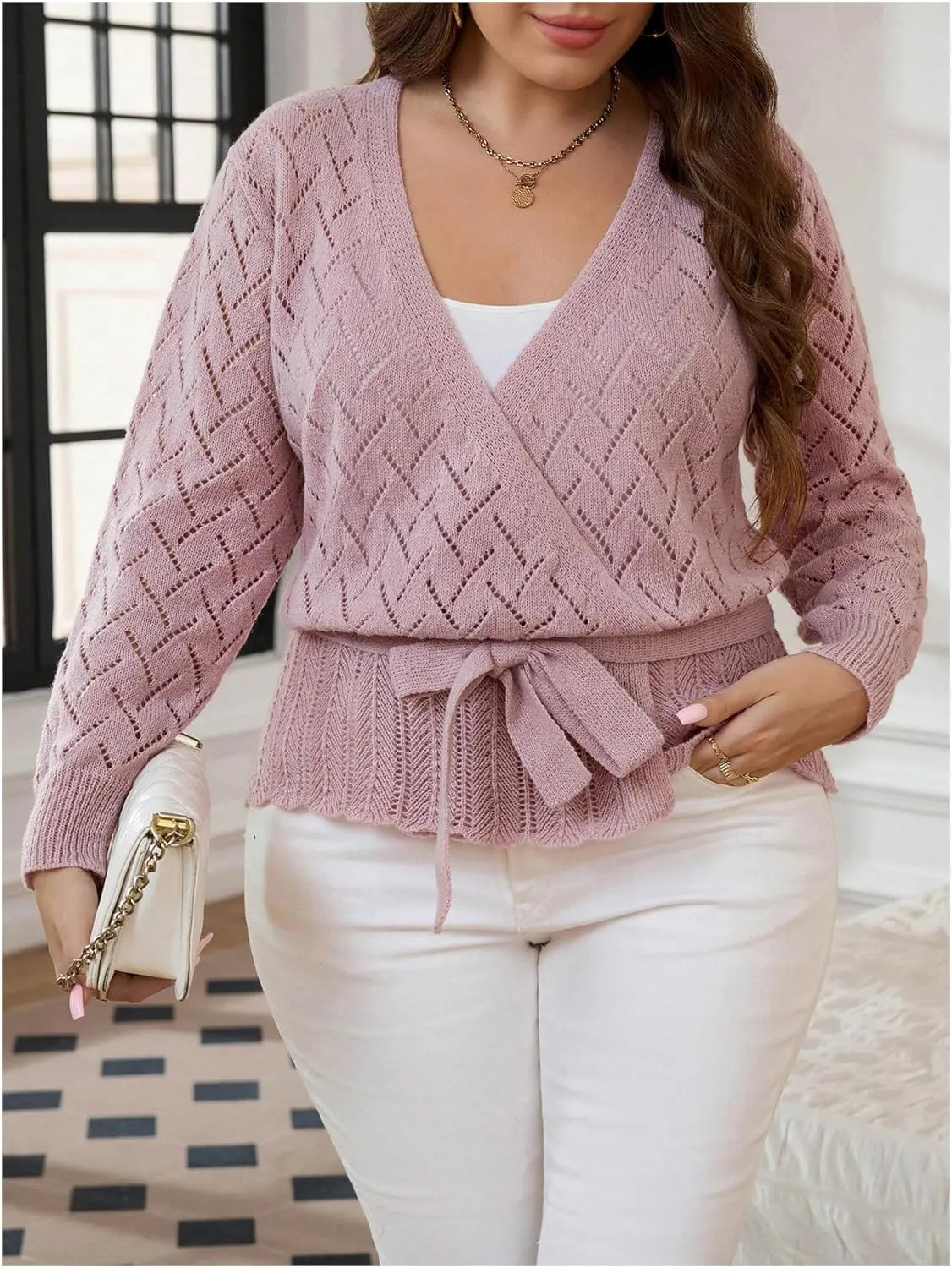 Women's Plus Size Hallow Out Cardigan Sweater Bow Tie Front Cardigans Long Sleeve V Neck Lightweight Sweater