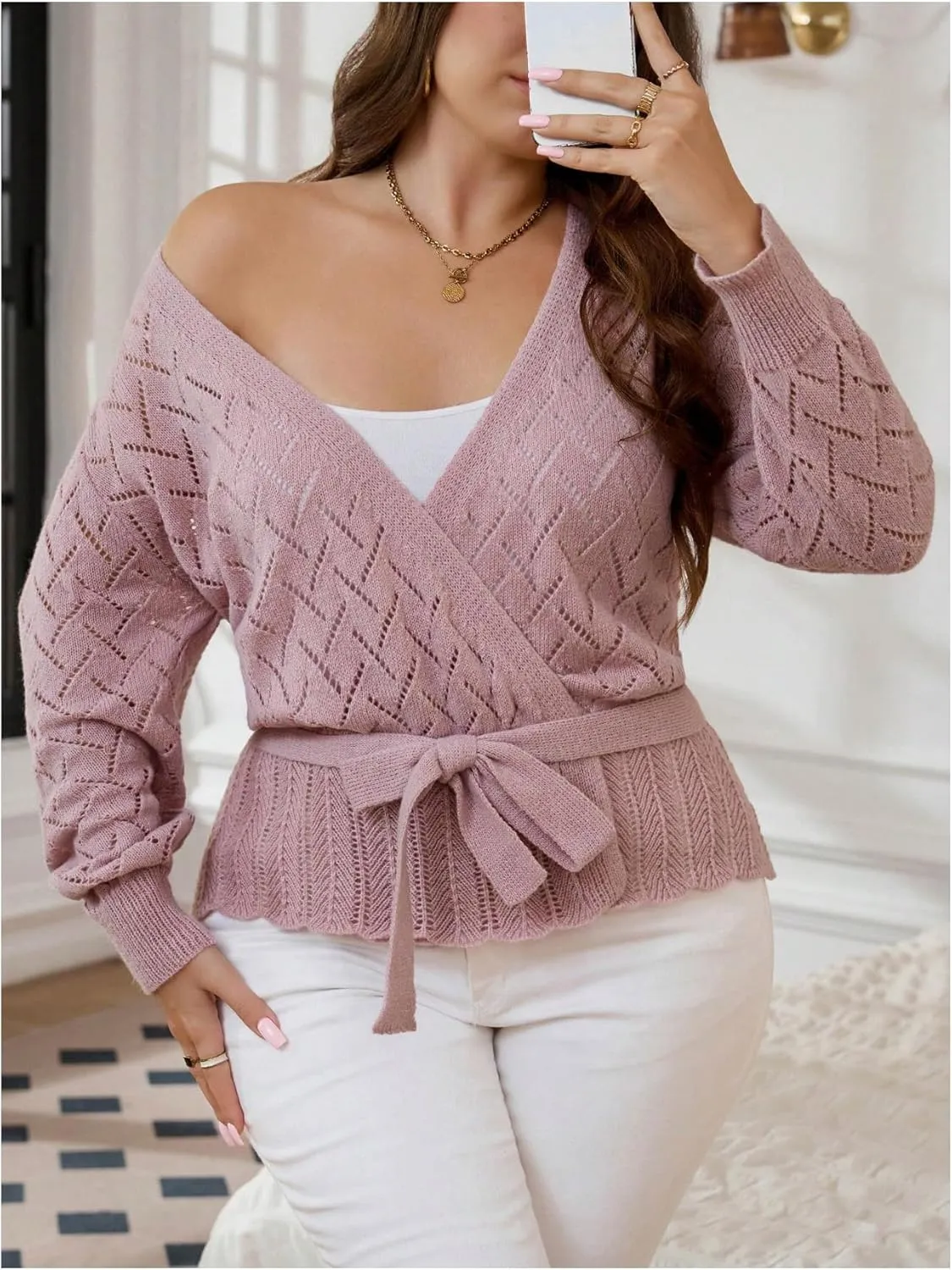 Women's Plus Size Hallow Out Cardigan Sweater Bow Tie Front Cardigans Long Sleeve V Neck Lightweight Sweater