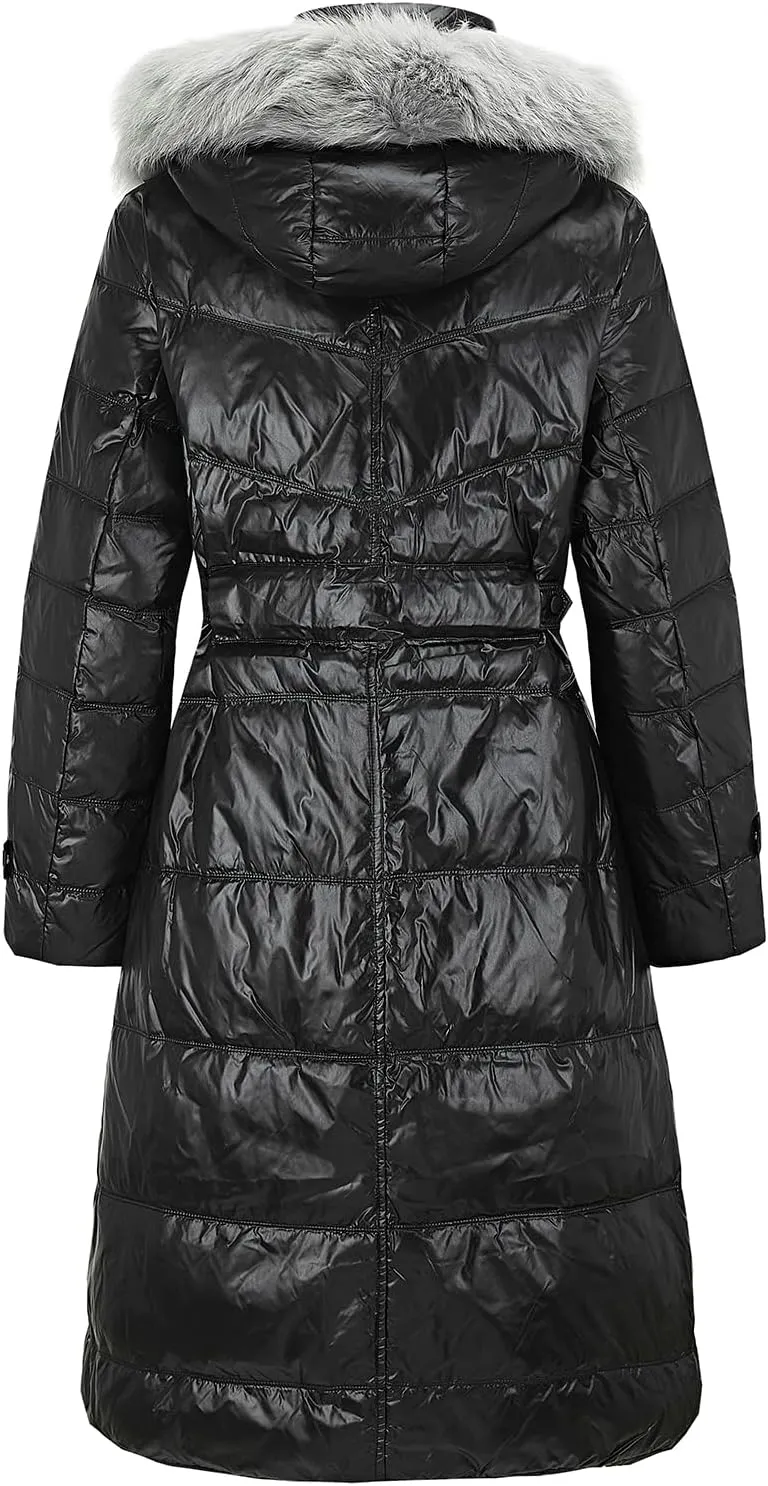 Women's Plus Size Shiny Down Jacket with Double Detachable Faux Fur Hooded Long Down Puffer Coat for Winter
