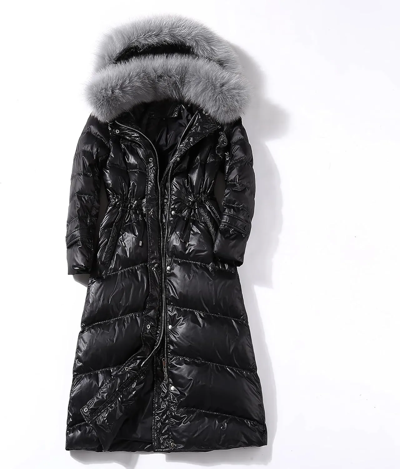 Women's Plus Size Shiny Down Jacket with Double Detachable Faux Fur Hooded Long Down Puffer Coat for Winter