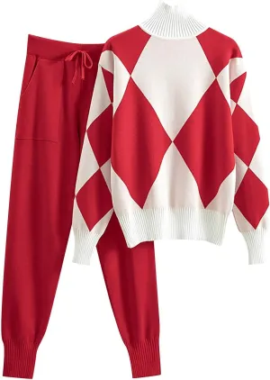 Women's Ribbed Knit 2 Piece Sweater Trendy Color Block Plaid Jumper Sets Turtleneck Top Harem Pant Casual Outfits Set