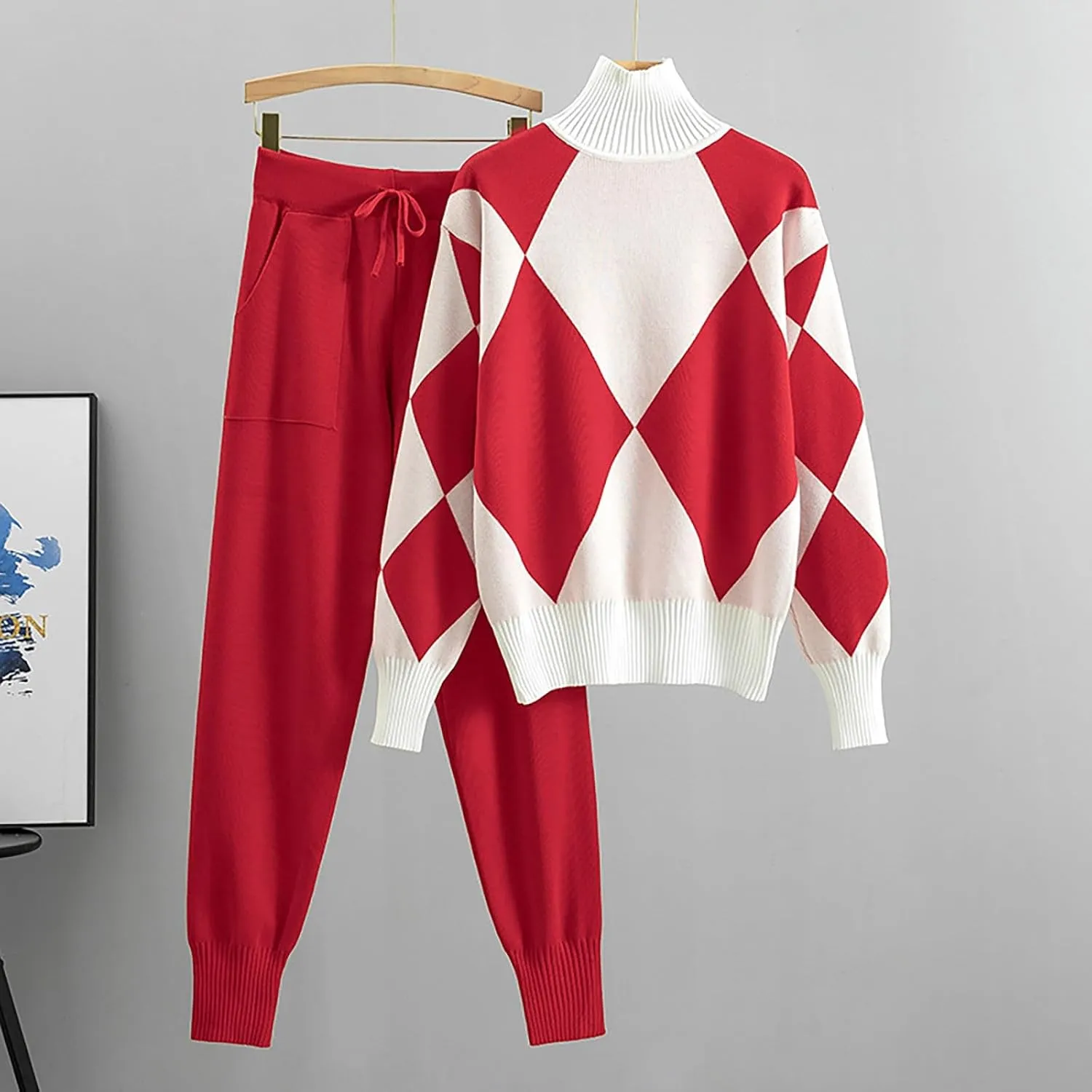 Women's Ribbed Knit 2 Piece Sweater Trendy Color Block Plaid Jumper Sets Turtleneck Top Harem Pant Casual Outfits Set