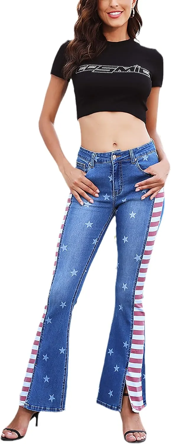 Women's Ripped American Flag Bell Bottom Jeans High Waisted Frayed Raw Hem Casual Slim Denim Pants