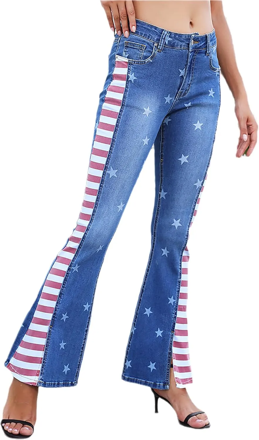 Women's Ripped American Flag Bell Bottom Jeans High Waisted Frayed Raw Hem Casual Slim Denim Pants