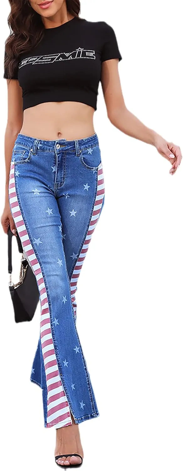 Women's Ripped American Flag Bell Bottom Jeans High Waisted Frayed Raw Hem Casual Slim Denim Pants