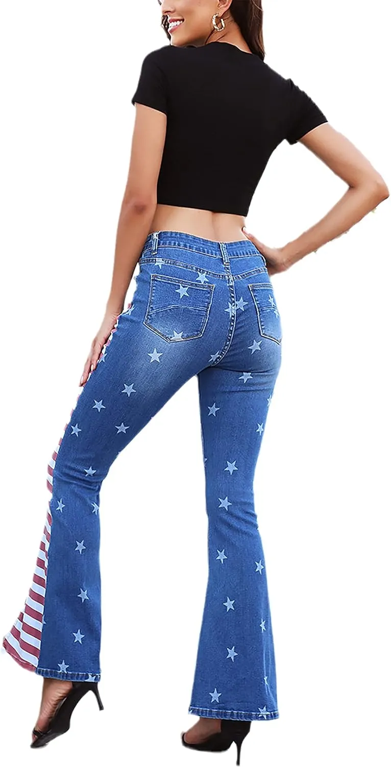 Women's Ripped American Flag Bell Bottom Jeans High Waisted Frayed Raw Hem Casual Slim Denim Pants