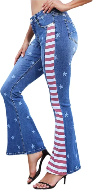 Women's Ripped American Flag Bell Bottom Jeans High Waisted Frayed Raw Hem Casual Slim Denim Pants