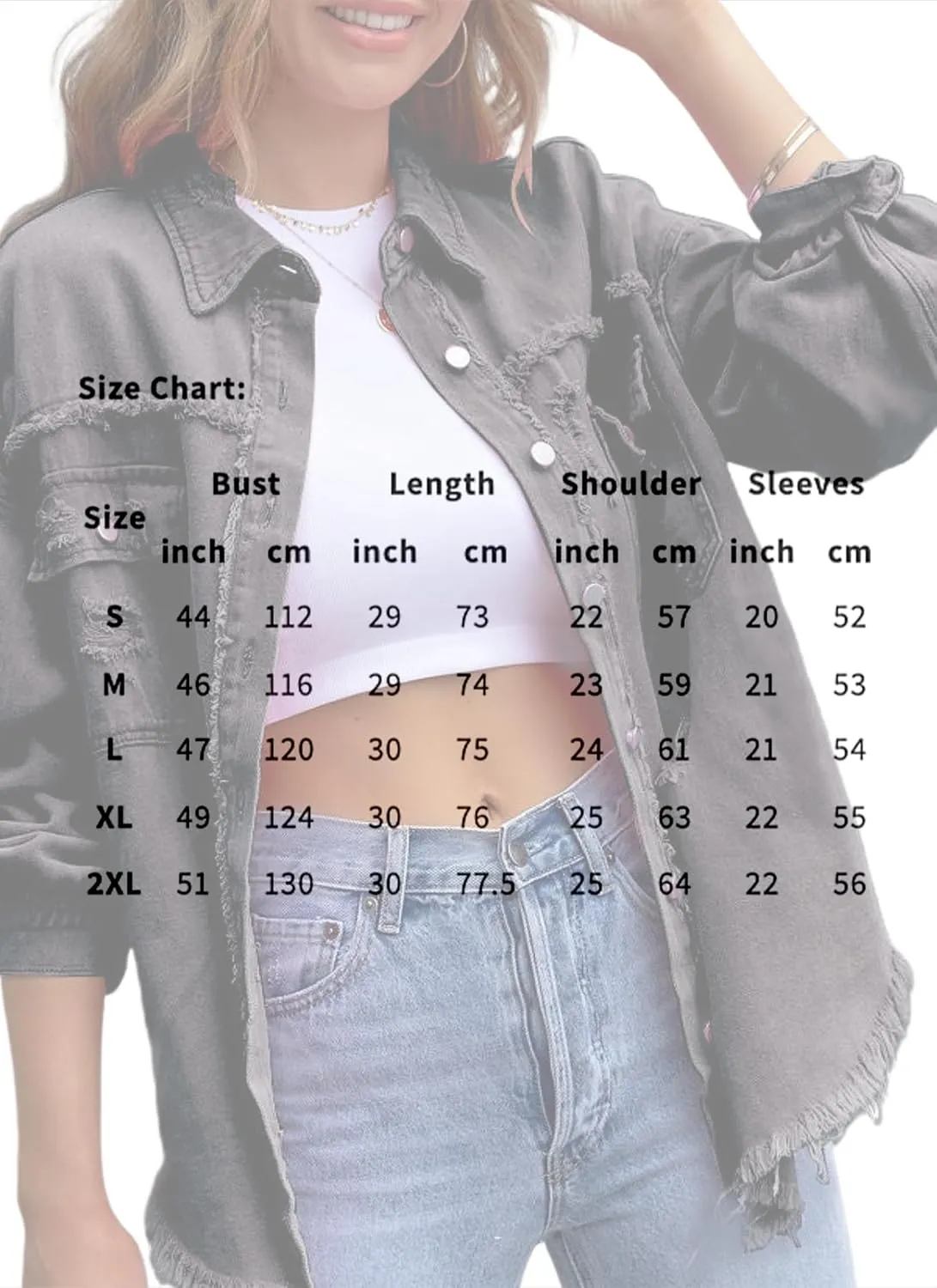 Womens Ripped Denim Jacket Oversized Boyfriend Button Front Frayed Hem Shacket Distresse Jean Coat with Pockets