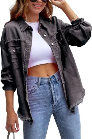 Womens Ripped Denim Jacket Oversized Boyfriend Button Front Frayed Hem Shacket Distresse Jean Coat with Pockets