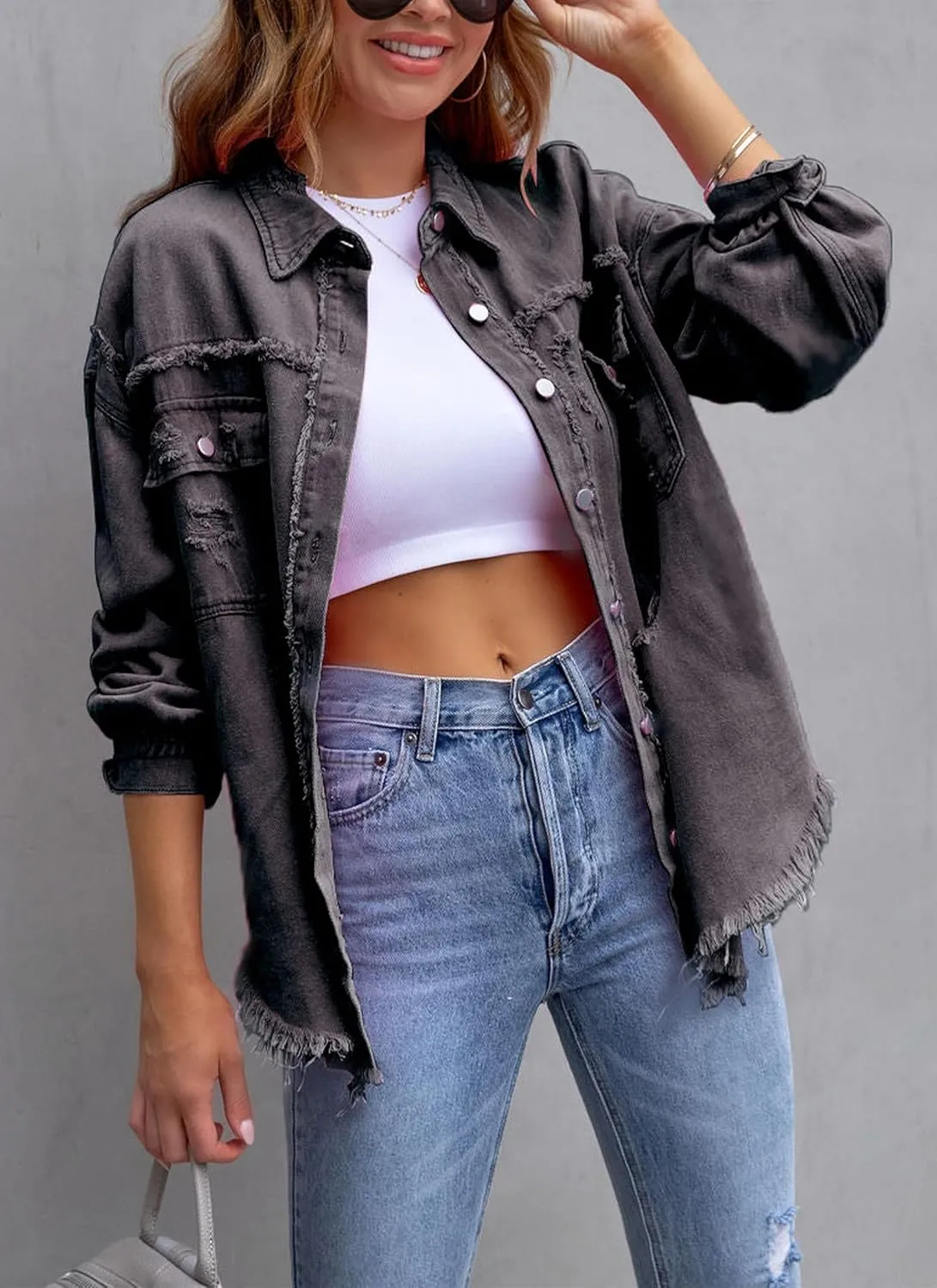 Womens Ripped Denim Jacket Oversized Boyfriend Button Front Frayed Hem Shacket Distresse Jean Coat with Pockets