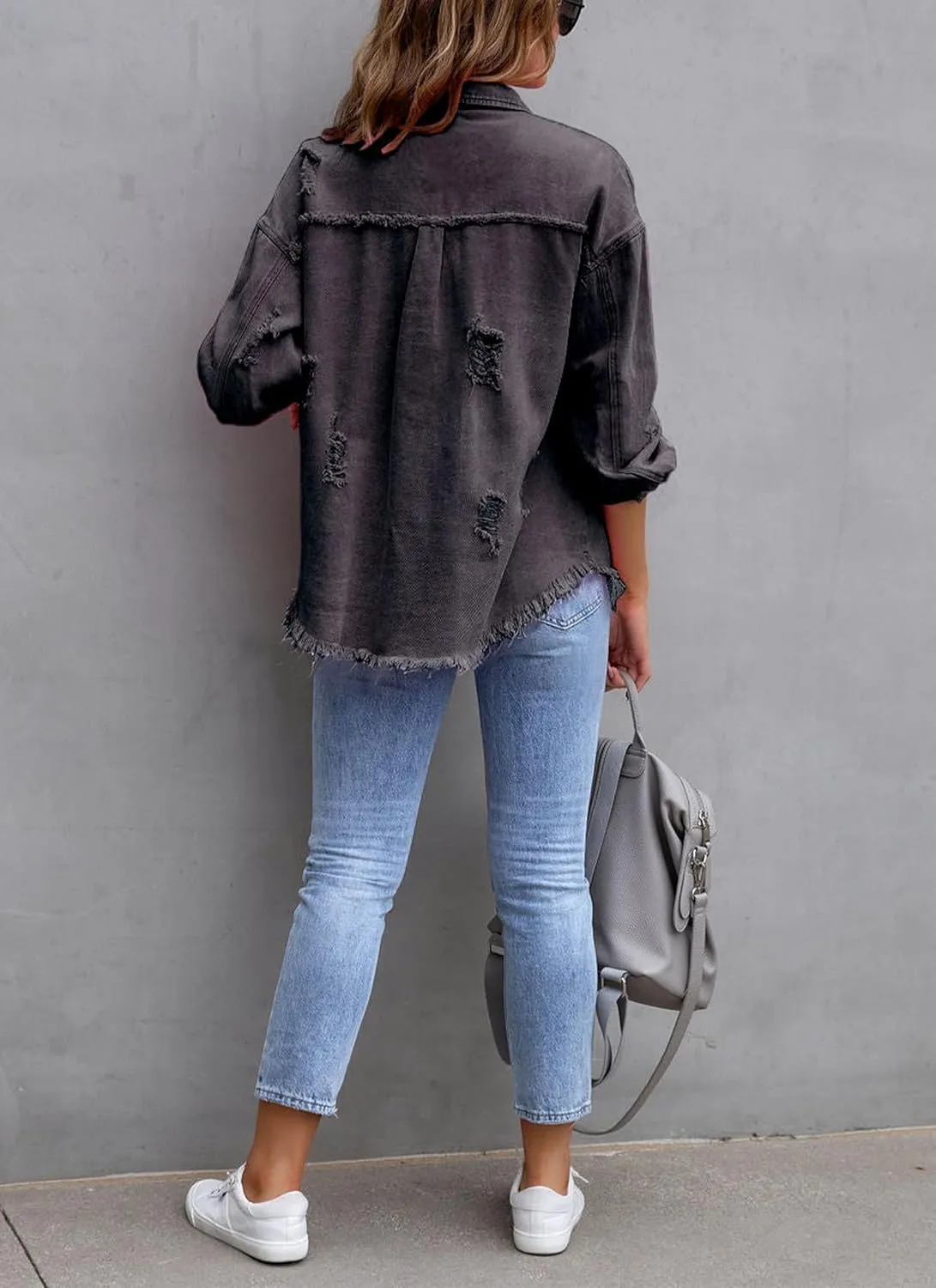 Womens Ripped Denim Jacket Oversized Boyfriend Button Front Frayed Hem Shacket Distresse Jean Coat with Pockets
