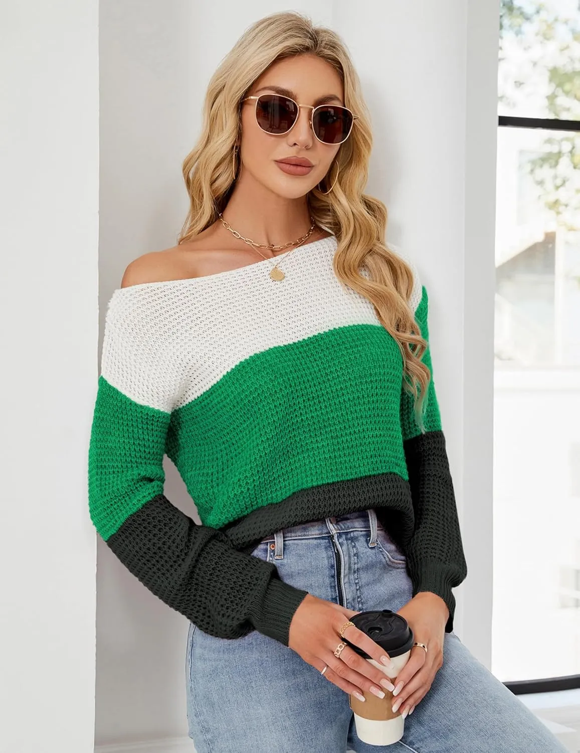 Womens Sexy Off The Shoulder Sweater Spring 2025 Trendy Lightweight Cute Crochet Knit Color Block Pullover Top