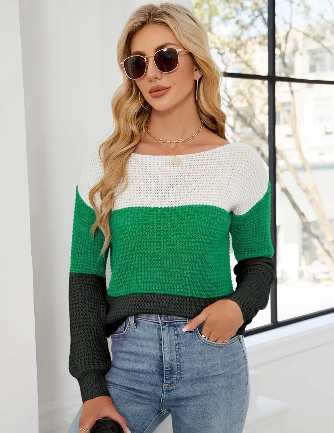 Womens Sexy Off The Shoulder Sweater Spring 2025 Trendy Lightweight Cute Crochet Knit Color Block Pullover Top
