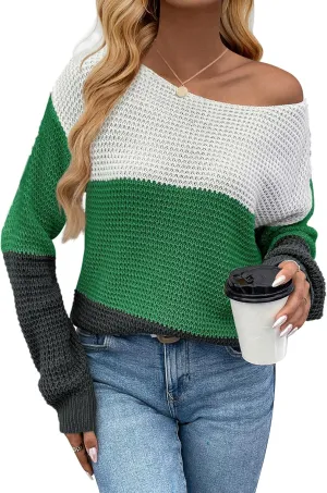 Womens Sexy Off The Shoulder Sweater Spring 2025 Trendy Lightweight Cute Crochet Knit Color Block Pullover Top
