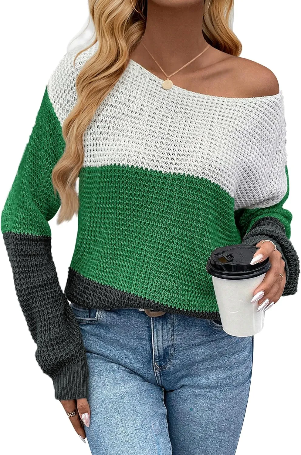 Womens Sexy Off The Shoulder Sweater Spring 2025 Trendy Lightweight Cute Crochet Knit Color Block Pullover Top