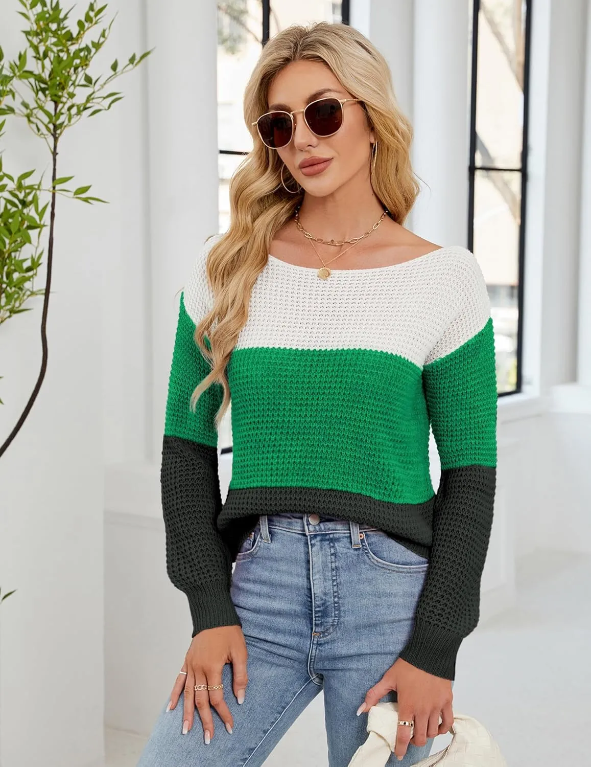 Womens Sexy Off The Shoulder Sweater Spring 2025 Trendy Lightweight Cute Crochet Knit Color Block Pullover Top