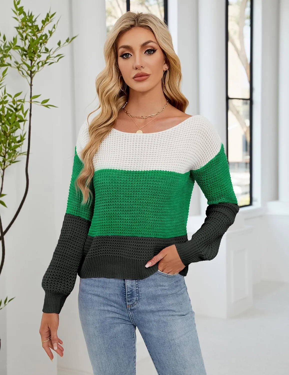 Womens Sexy Off The Shoulder Sweater Spring 2025 Trendy Lightweight Cute Crochet Knit Color Block Pullover Top
