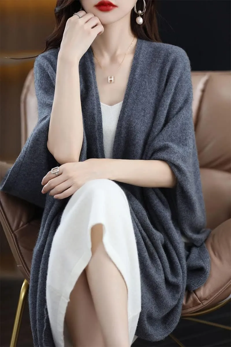 Women's Shawl Wrap Plus Size Cardigan 100% Merino Wool Poncho Cape Fall Winter Open Sweater Coat