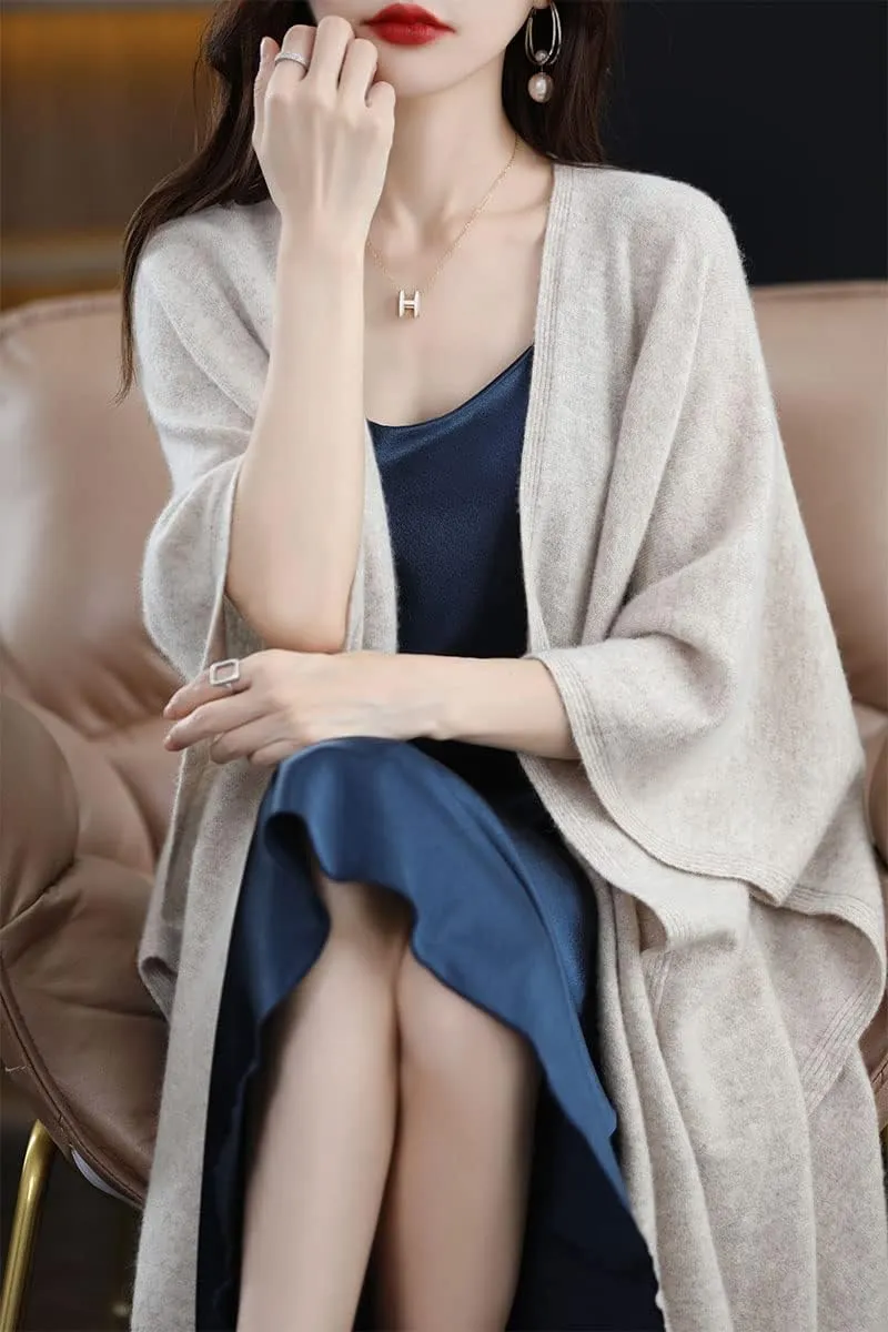 Women's Shawl Wrap Plus Size Cardigan 100% Merino Wool Poncho Cape Fall Winter Open Sweater Coat
