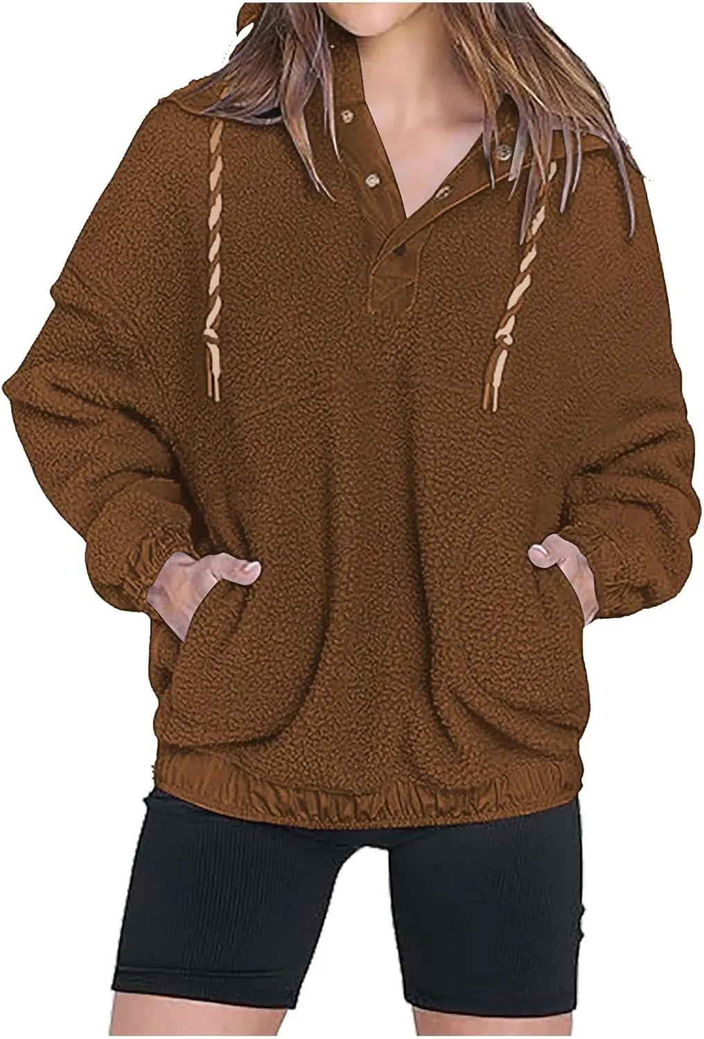 Womens Sherpa Fuzzy Fleece Hoodie Oversized Sweatshirt Cozy Button V Neck Pullover Top with Pocket 2024 Winter Trendy