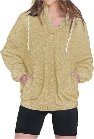 Womens Sherpa Fuzzy Fleece Hoodie Oversized Sweatshirt Cozy Button V Neck Pullover Top with Pocket 2024 Winter Trendy