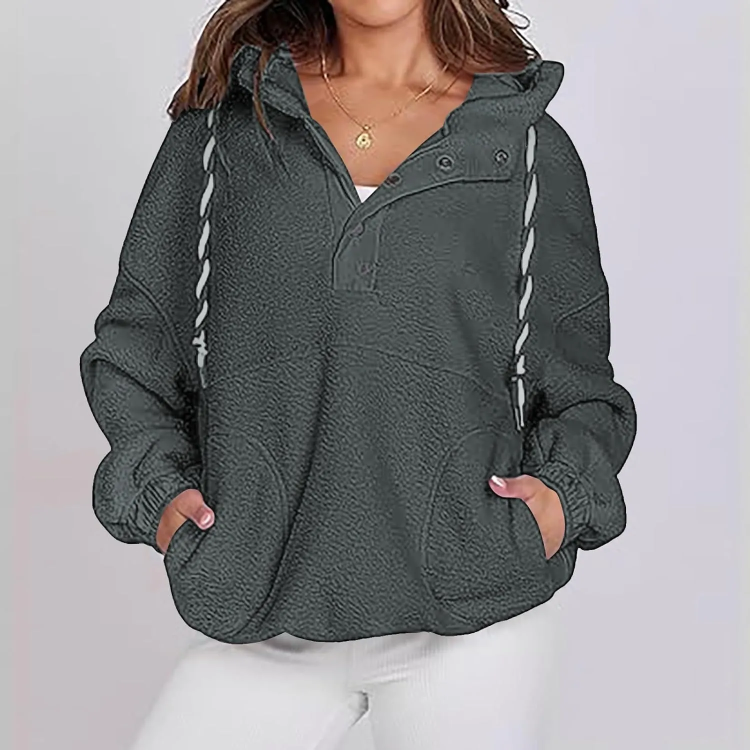 Womens Sherpa Fuzzy Fleece Hoodie Oversized Sweatshirt Cozy Button V Neck Pullover Top with Pocket 2024 Winter Trendy