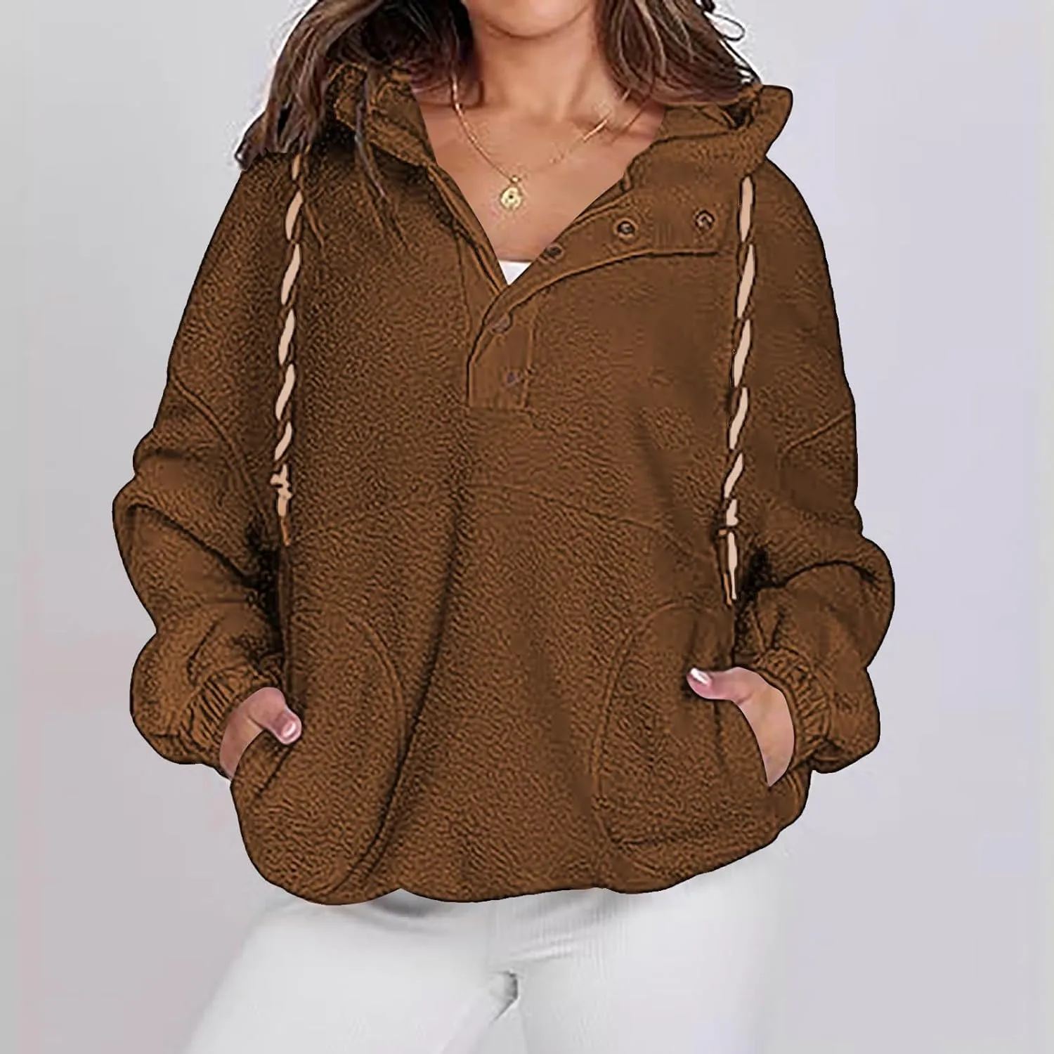 Womens Sherpa Fuzzy Fleece Hoodie Oversized Sweatshirt Cozy Button V Neck Pullover Top with Pocket 2024 Winter Trendy