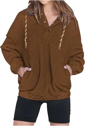 Womens Sherpa Fuzzy Fleece Hoodie Oversized Sweatshirt Cozy Button V Neck Pullover Top with Pocket 2024 Winter Trendy