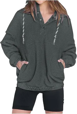 Womens Sherpa Fuzzy Fleece Hoodie Oversized Sweatshirt Cozy Button V Neck Pullover Top with Pocket 2024 Winter Trendy