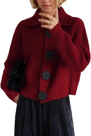 Women's Solid Lapel Cardigan Sweater Jacket Big Button Soft Long Sleeve Knit Sweater Light Coat Tops Outwear