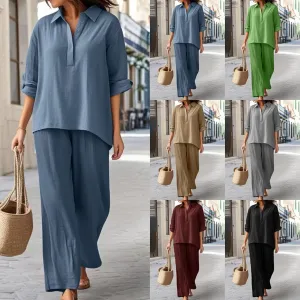Women's Spring Summer Roll Up Long Sleeve Linen Shirts and Wide Straight Leg Pants Loose Fit Work Business Outfits
