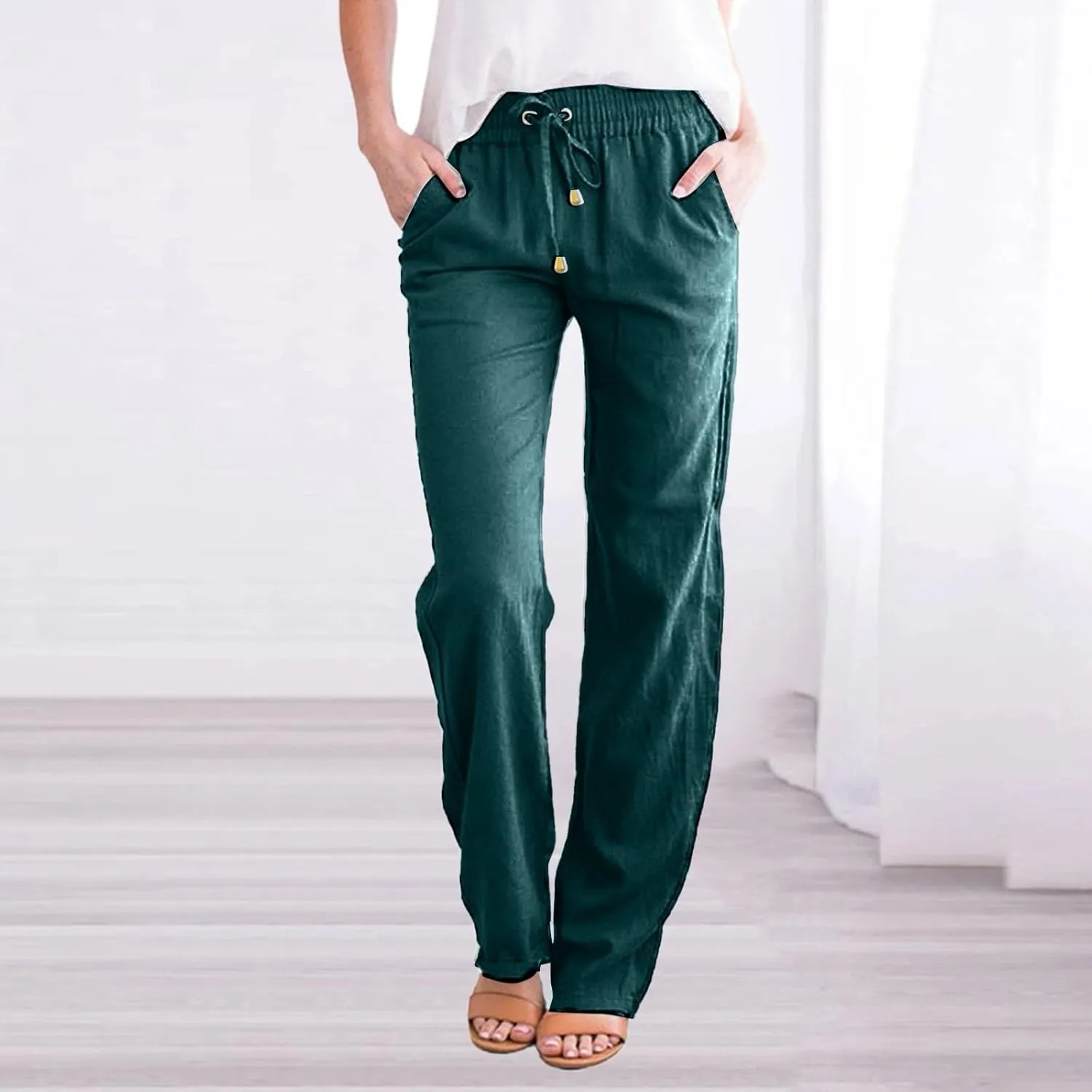 Women's Straight Solid Color Trousers Elastic Drawstring High Waist Casual Comfortable Pants for Daily Wear