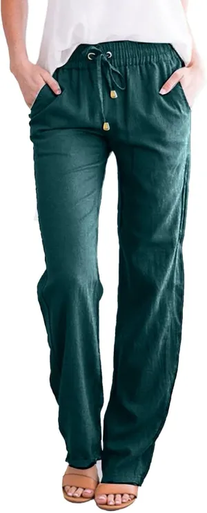 Women's Straight Solid Color Trousers Elastic Drawstring High Waist Casual Comfortable Pants for Daily Wear