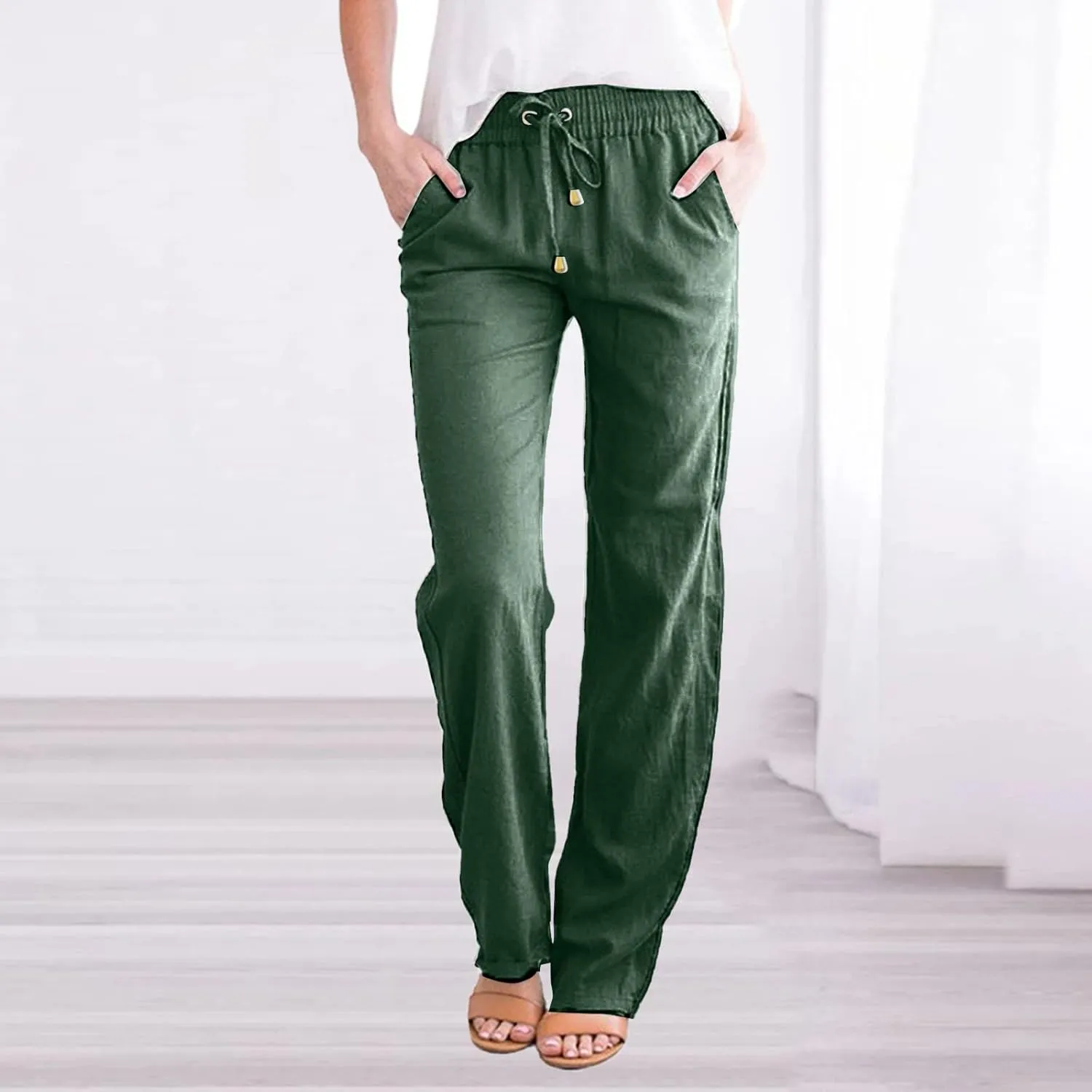 Women's Straight Solid Color Trousers Elastic Drawstring High Waist Casual Comfortable Pants for Daily Wear
