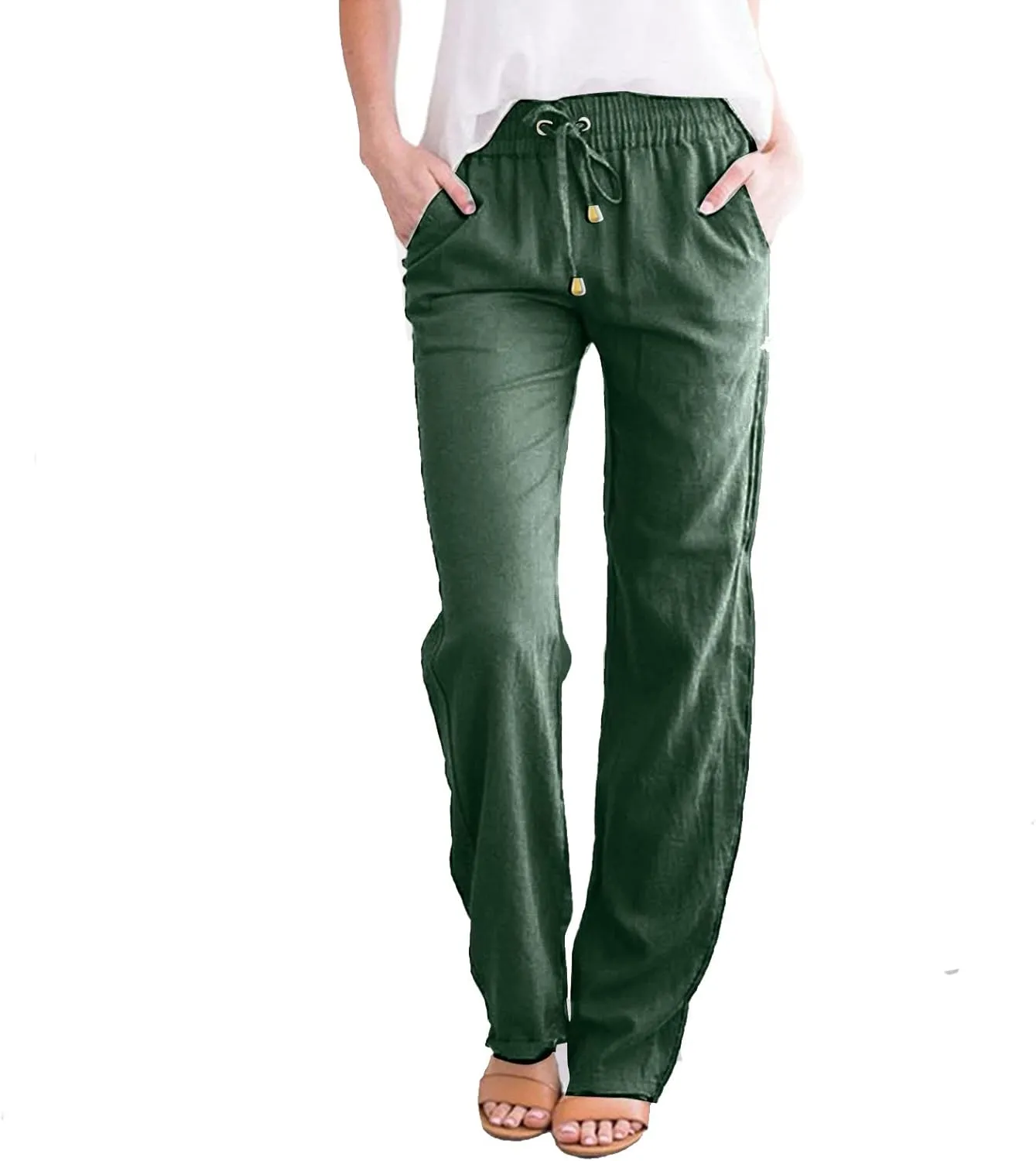 Women's Straight Solid Color Trousers Elastic Drawstring High Waist Casual Comfortable Pants for Daily Wear