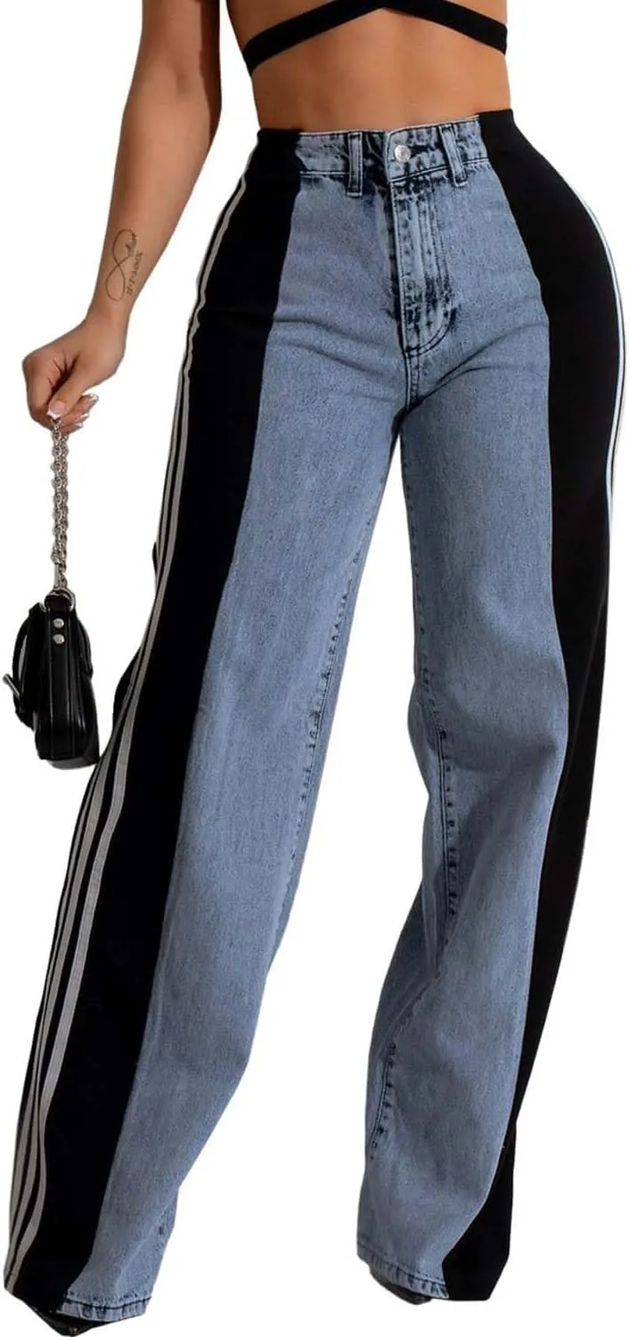 Womens Stretchy Jeans with Patchwork Stripes High Waisted Loose Denim Color Block Jean Straight Leg Pants