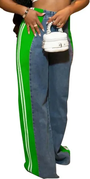 Womens Stretchy Jeans with Patchwork Stripes High Waisted Loose Denim Color Block Jean Straight Leg Pants