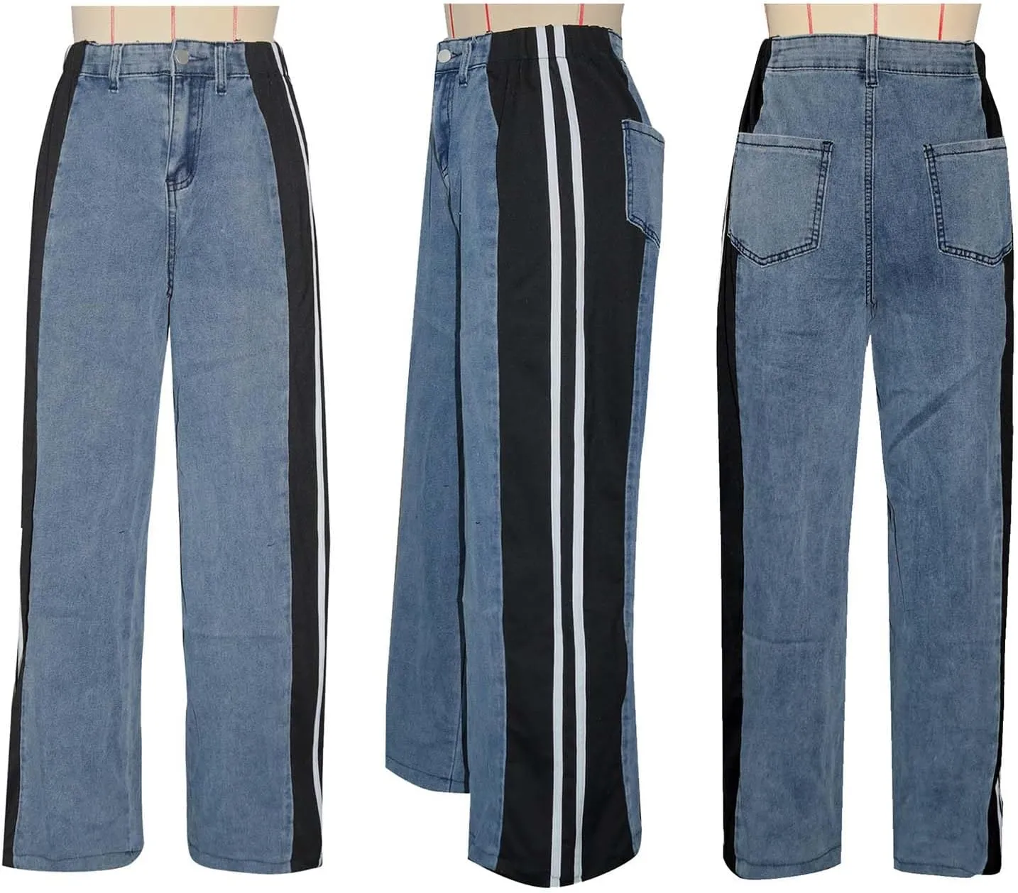 Womens Stretchy Jeans with Patchwork Stripes High Waisted Loose Denim Color Block Jean Straight Leg Pants