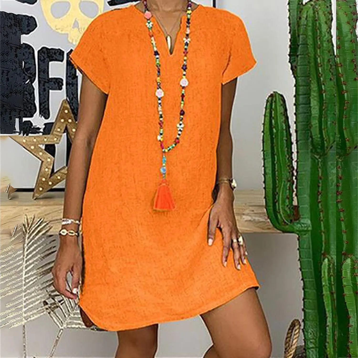 Womens Summer Cotton Linen Dresses Plus Size Casual V Neck Short Sleeve Midi Dress Floral Embroidery Shirt Dress