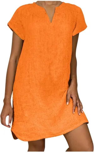 Womens Summer Cotton Linen Dresses Plus Size Casual V Neck Short Sleeve Midi Dress Floral Embroidery Shirt Dress